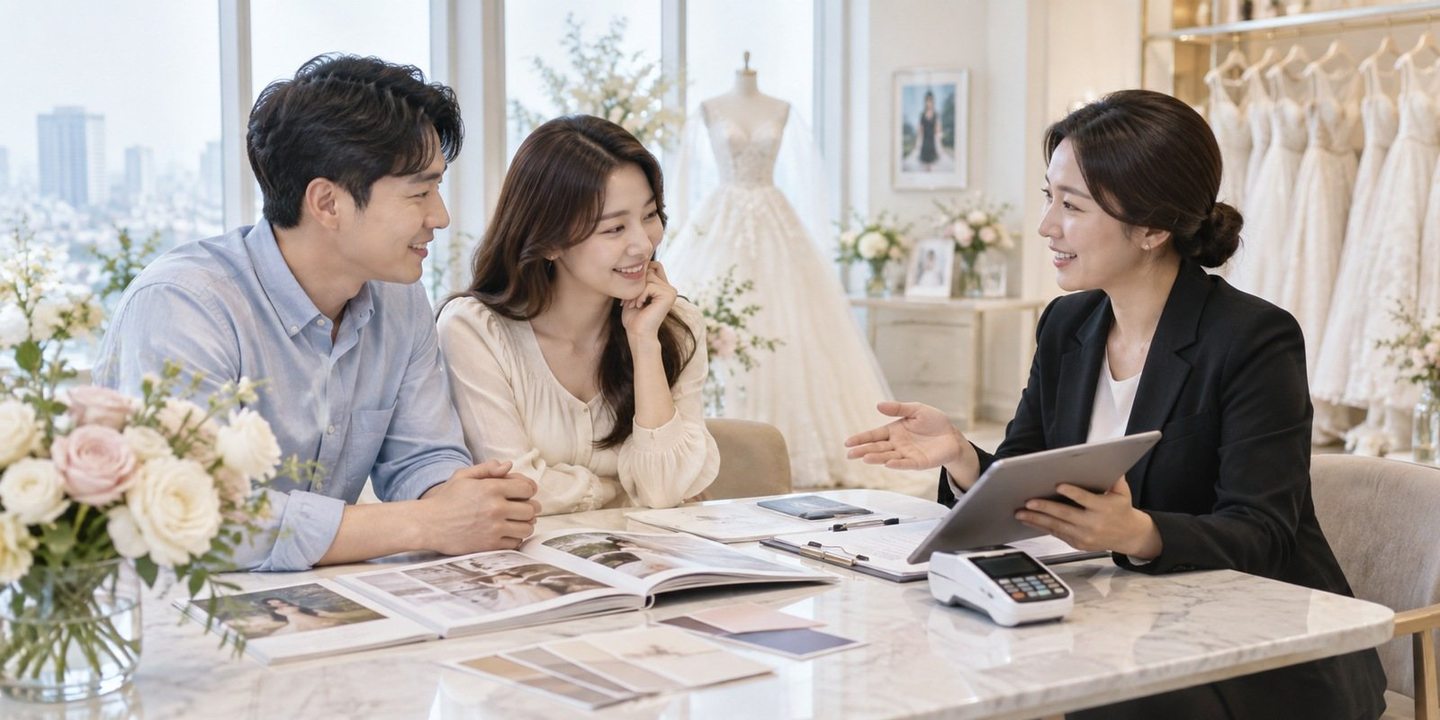테이블에 모여 서류와 사업 내용을 함께 살펴보는 사람들 — 카드단말기 등록 가맹 등록이 처음이어도, 서류 한 장에서 첫 영수증까지 같이 걸어요.