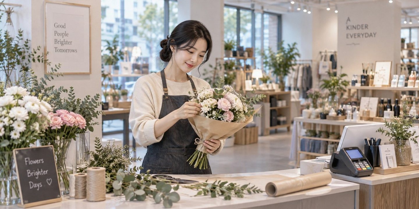 꽃이 놓인 매장 계산대에서 결제를 준비하는 운영자 — 카드단말기 등록 첫 가맹 등록, 걸음을 알면 겁날 것이 없어요.