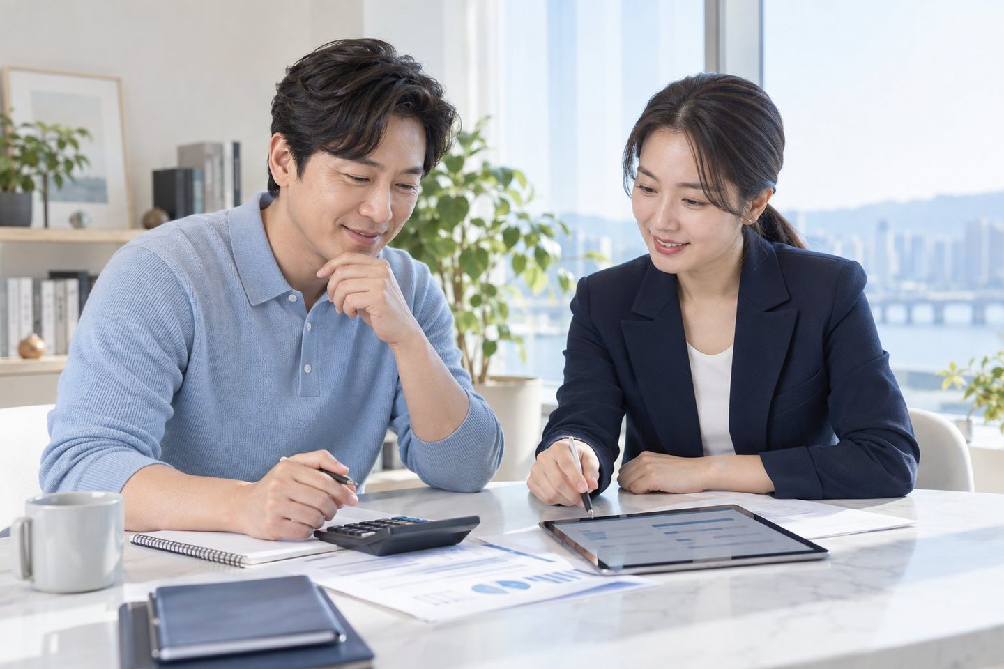테이블에서 계약 내용을 확인하는 두 사람 — 카드단말기 등록 기간기간, 달력에 놓고 말씀드려요. 개업 날짜를 알려 주시면 거기에 맞춰 움직여요.