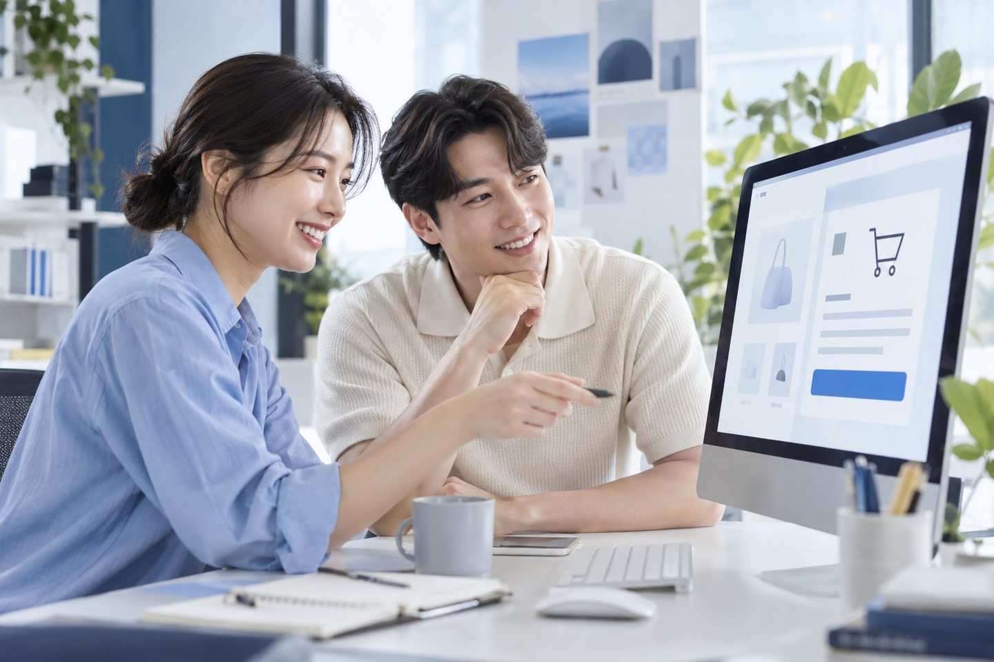 노트북 화면을 보며 업무를 함께 확인하는 두 사람 — 카드단말기 등록 비용비용, 0원의 범위를 그어 드려요. 연락 주시면 0원인 것과 아닌 것을 갈라 드려요.