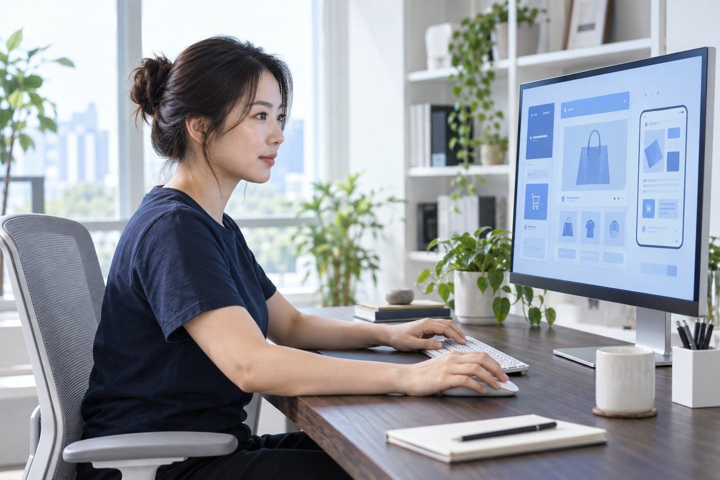 노트북과 결제 기기로 거래 내용을 확인하는 여성 — 카드단말기 등록 수수료수수료, 방식부터 풀어 드려요. 서명 전에 연락 주시면 모르는 줄부터 답해 드려요.