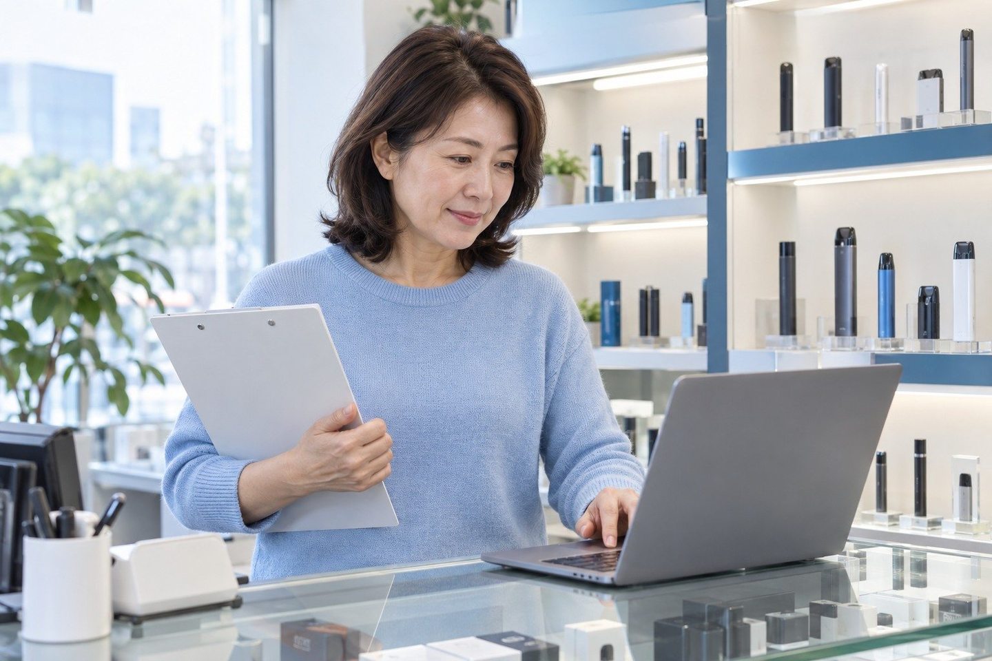 온라인 업무를 위해 노트북을 사용하는 여성 — 카드단말기 등록 A/SA/S, 전화는 365일 받아요. 기기가 멈추면 연락 주세요. 접수부터 해 드려요.